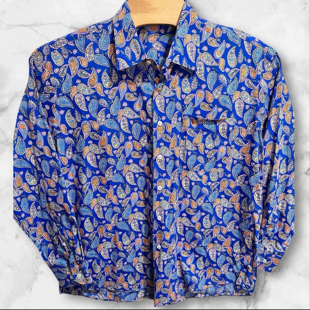 Alan Flusser Men's Paisley Floral Blue‎ Long Sleeve Button Up XXL